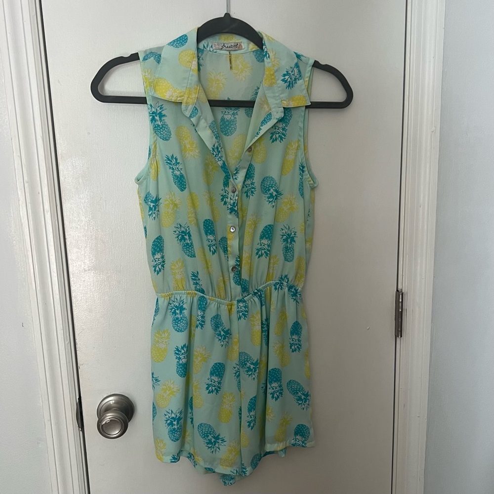 Francesca's Collections Blue and Yellow Romper with Playful Pineapple Print